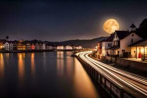 un' pieno Luna al di sopra di un' fiume e cittadina. ai-generato foto