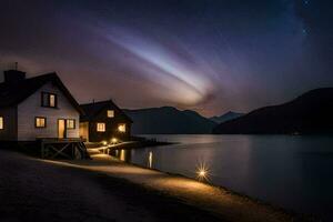 un' Casa su il riva di un' lago a notte. ai-generato foto