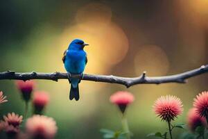 un' blu uccello si siede su un' ramo con rosa fiori. ai-generato foto