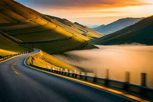 un' strada avvolgimento attraverso il montagne a tramonto. ai-generato foto