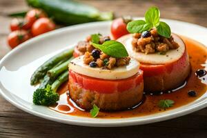 Due fette di pomodoro su un' piatto con salsa. ai-generato foto