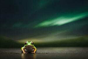 un' rana seduta su il terra nel davanti di un' verde aurora. ai-generato foto