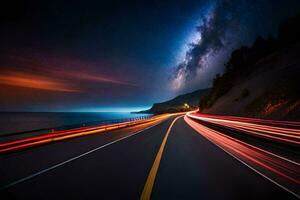 un' lungo esposizione fotografia di un' autostrada a notte con luci su il strada. ai-generato foto