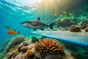 un' surfer su un' tavola da surf nel il oceano con pesce e corallo. ai-generato foto