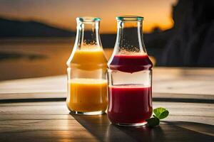 Due bottiglie di succo seduta su un' tavolo con un' tramonto nel il sfondo. ai-generato foto