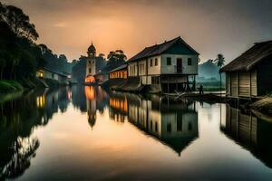 un' fiume con case e un' Chiesa a tramonto. ai-generato foto