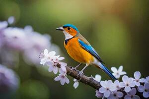 un' colorato uccello si siede su un' ramo con fiori. ai-generato foto