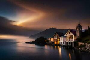 un' Casa su il riva di un' lago a notte. ai-generato foto