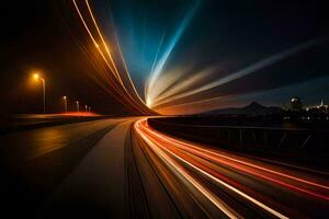 un' lungo esposizione fotografia di un' autostrada a notte. ai-generato foto