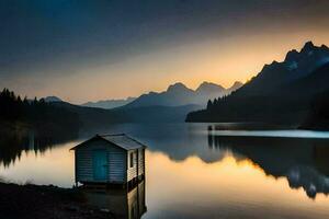 un' piccolo Casa si siede su il riva di un' lago a tramonto. ai-generato foto