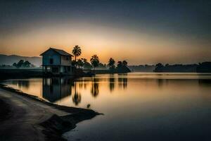 un' Casa si siede su il riva di un' lago a tramonto. ai-generato foto