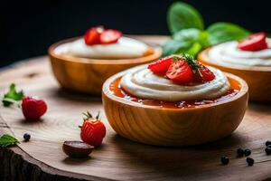 tre piccolo ciotole con frustato crema e fragole. ai-generato foto