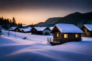 un' nevoso montagna villaggio con di legno cabine. ai-generato foto