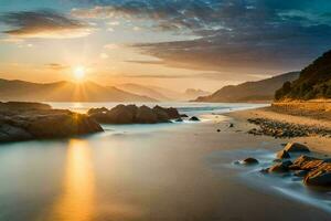 il sole imposta al di sopra di un' spiaggia e rocce. ai-generato foto