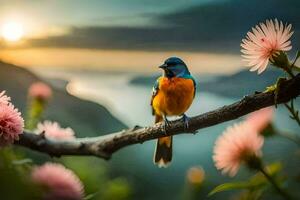un' colorato uccello si siede su un' ramo nel davanti di un' tramonto. ai-generato foto