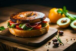 un' bagel con verdure e pomodori su un' di legno taglio tavola. ai-generato foto