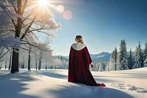 un' donna nel un' rosso vestito sta nel il neve. ai-generato foto