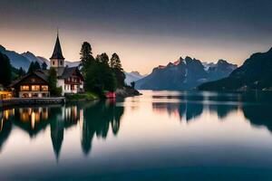 un' Chiesa si siede su il riva di un' lago a tramonto. ai-generato foto