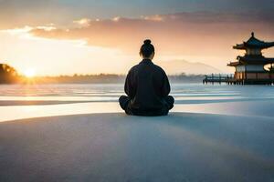 un' persona seduta nel meditazione nel davanti di un' lago. ai-generato foto