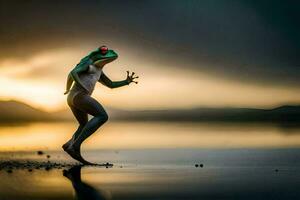 un' rana è in esecuzione attraverso il acqua a tramonto. ai-generato foto