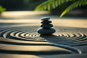 un' zen giardino con pietre e un' spirale. ai-generato foto
