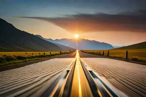 un' lungo esposizione fotografia di un' strada con il sole ambientazione dietro a esso. ai-generato foto