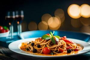 spaghetti con pomodoro salsa e fresco verdure. ai-generato foto