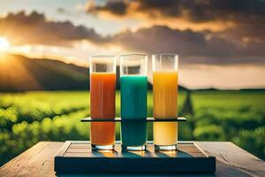 tre bicchieri di succo su un' vassoio con un' tramonto nel il sfondo. ai-generato foto