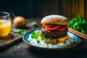 un' Hamburger con verdure e riso su un' piatto. ai-generato foto