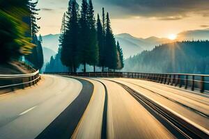 un' auto guida su un' autostrada con alberi nel il sfondo. ai-generato foto