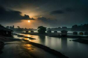 foto sfondo il cielo, acqua, il sole, il Luna, il fiume, il villaggio,. ai-generato