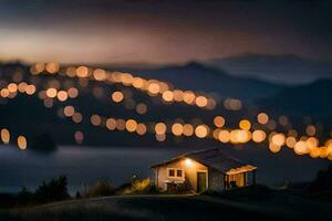 un' piccolo Casa si siede su superiore di un' collina con luci nel il sfondo. ai-generato foto