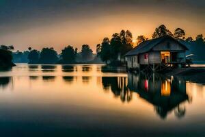 un' Casa su il acqua a tramonto. ai-generato foto