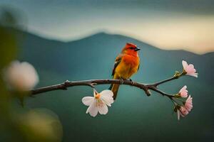 un' rosso uccello si siede su un' ramo con fiori nel il sfondo. ai-generato foto