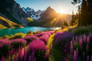 il sole brilla al di sopra di un' lago e viola fiori nel il montagne. ai-generato foto