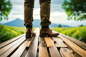 un' uomo indossare Marrone scarpe a piedi su un' di legno sentiero. ai-generato foto