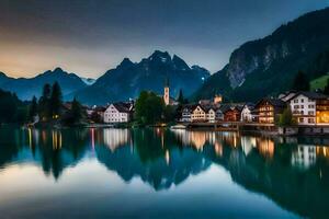 il cittadina di Hallstatt, Austria, a crepuscolo. ai-generato foto