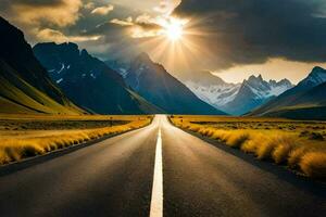 un' lungo strada con montagne nel il sfondo. ai-generato foto