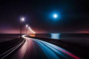 un' lungo esposizione foto di un' autostrada a notte. ai-generato