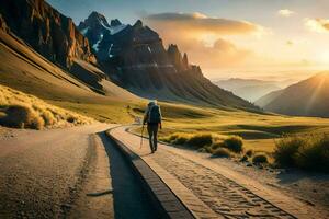 un' uomo passeggiate su un' strada nel il montagne. ai-generato foto