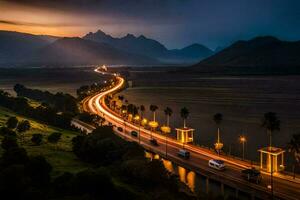 un' lungo esposizione foto di un' autostrada a notte. ai-generato