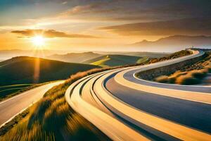 un' avvolgimento strada nel il montagne con il sole ambientazione. ai-generato foto