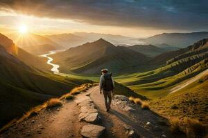 un' uomo passeggiate su un' montagna pista a tramonto. ai-generato foto