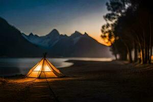 un' tenda nel il montagne a crepuscolo. ai-generato foto