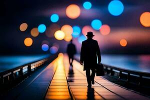 un' uomo a piedi su un' ponte a notte con luci nel il sfondo. ai-generato foto