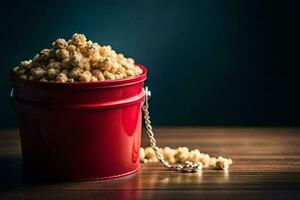 un' rosso secchio pieno con Popcorn su un' di legno tavolo. ai-generato foto