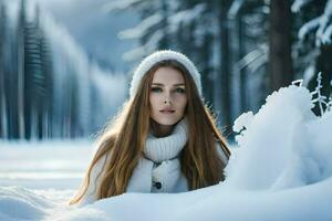 un' bellissimo giovane donna nel un' bianca cappotto è posa nel il neve. ai-generato foto