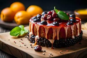 un' torta con frutti di bosco e crema su un' di legno tavola. ai-generato foto