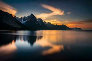 il montagne siamo riflessa nel il acqua a tramonto. ai-generato foto