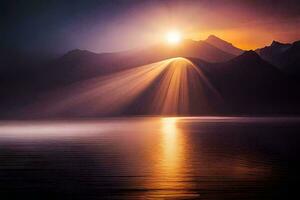 luce del sole splendente al di sopra di un' lago e montagne. ai-generato foto